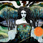 Mystical Figure in Celestial Gown with Cosmic Background