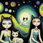 Feline-Faced Women in Cosmic Celestial Artwork
