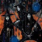 Three Witches in a Starry Mystical Landscape