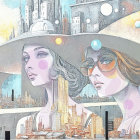 Stylish Women in Futuristic Cityscape Artwork