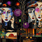 Woman in Red Dress Amidst Cosmic Landscape and Flora