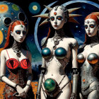 Futuristic scene with robotic figures and cosmic background