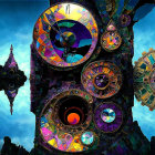 Surreal Clock in Vibrant Colors and Mystical Landscape