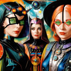 Three Women in Cosmic Outfits Against Starry Background