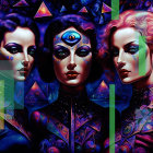 Surreal Scene of Women with Mystical Symbols and Colors