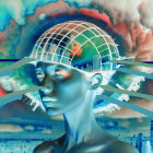 Futuristic cityscape with glass dome and cosmic scene.