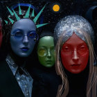 Five Figures with Colorful Faces in Surreal Setting