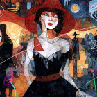 Artwork of a Woman in Black Dress and Red Hat