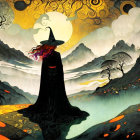 Silhouetted witch in vibrant, mystical landscape scene