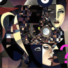 Stylized Female Faces in Abstract Geometric Background