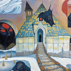 Haunting Winter Landscape with Eerie Figures and Church