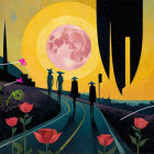 Surreal landscape with vibrant flowers and abstract structures