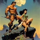 Warrior and Woman in Fantasy Landscape Under Moonlight