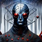 Cybernetic Figure with Red Eyes in Cosmic Setting