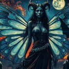 Mystical Figure with Butterfly Wings at Sunset Cityscape