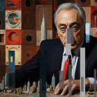Man in Suit Against Futuristic Cityscape Background
