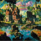Vibrant medieval village painting with blue river and stone bridges