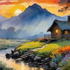 Serene Landscape with Cabin and Vibrant Wildflowers