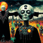 Dystopian Landscape with Metallic Figures and Fire