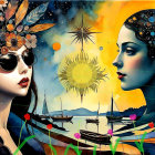 Ethereal Women in Vibrant Landscape with Moonlight