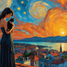Woman in Black Dress with Cat at Sunset Landscape