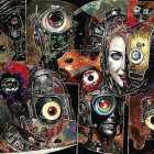 Futuristic Helmets and Robotic Faces in Sci-Fi Collage
