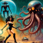 Futuristic scene with woman, octopus creature, and robot