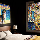 Cozy bedroom with stylish bed and striking artworks