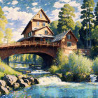 Watercolor of a house on a stone bridge over a river