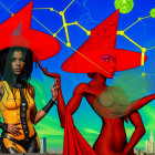 Futuristic Figures in Red Hats Against City Skyline