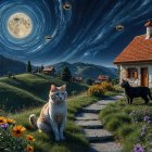 Serene Countryside Scene with Cats and Celestial Moons