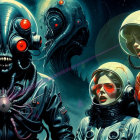 Astronauts in Retro Suits Against Dark Cosmic Scene