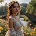 Whimsical Landscape with Cat-Like Woman and Flowers