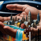 Surreal Village with Cosmic Backdrop and Figures