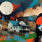 Stylized Landscape with Houses and Full Moon