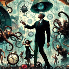 Surreal Steampunk Landscape with Clocks and Creatures