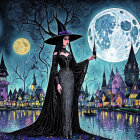 Witch by Serene River Under Night Sky with Moons
