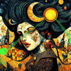 Stylized Female Figure with Vibrant Hair and Geometric Face