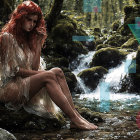 Young woman in nature-inspired attire by a stream