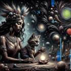 Regal figure in cosmic setting with glowing orb and cats