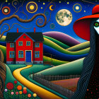 Mystical Scene with Woman, House, Cats, and Pumpkins