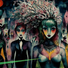 Four Women in Black Against a Dreamlike Background