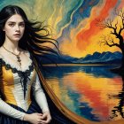 Young Woman in Golden Gown by Shimmering Lake