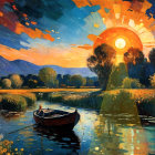 Lone Figure in Boat at Sunset with Palm Trees