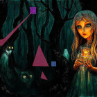 Young girl in mystical forest with glowing orb and shapes