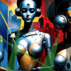 Futuristic Robot Trio with Colorful City Background