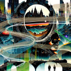 Surreal Landscape with Tall Figures in Suits