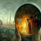 Surreal artwork of serene golden head in pine tree landscape