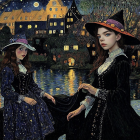 Young Women in Elegant Dark Attire by Moonlit Water
