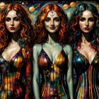 Women in Cosmic Patterned Swimsuits by Ocean Backdrop